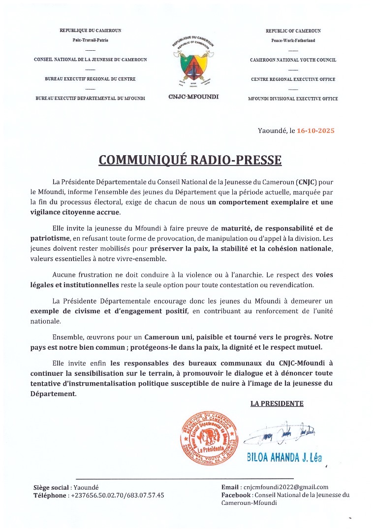 Call to the Youth of Mfoundi to Preserve Peace and National Unity