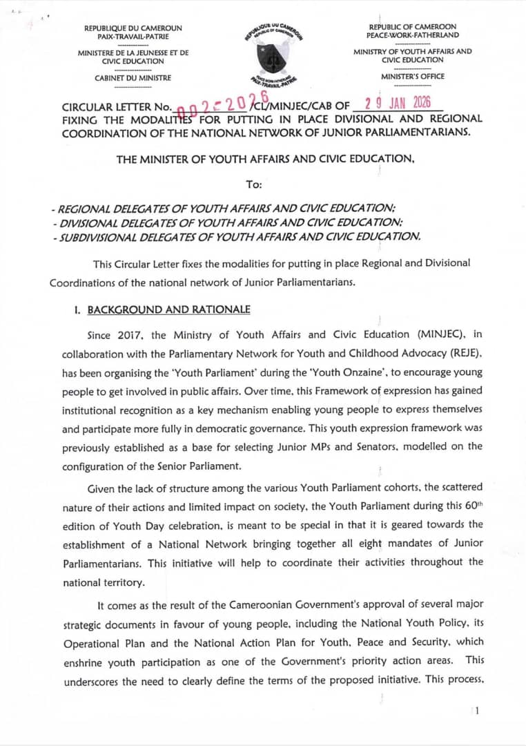 OFFICIAL ANNOUNCEMENT Establishment of Departmental and Regional Coordinations of the National Network of Youth Parliamentarians