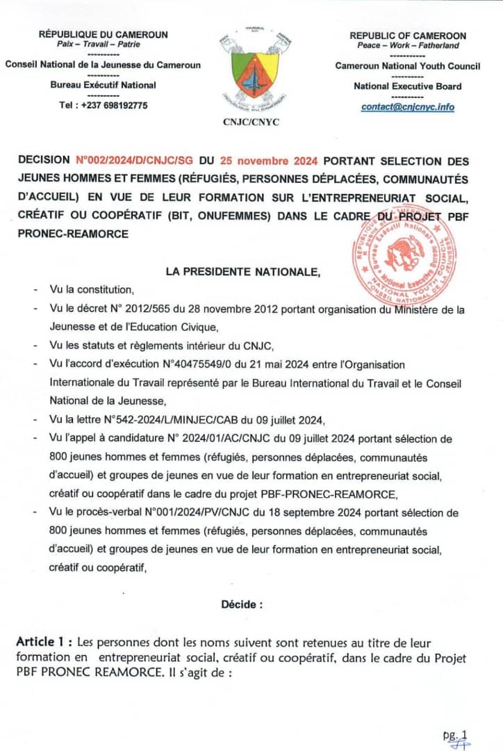 Décision de la Présidente du Bureau Exécutif National du Conseil National de la Jeunesse du Cameroun (CNJC)  Portant sélection des jeunes hommes et femmes (réfugiés, personnes déplacées, communautés d