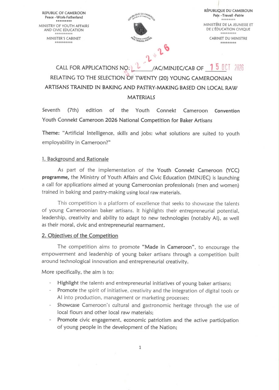 Call for Applications: 20 Young Baker Artisans for the Youth Connekt Cameroon 2026 National Competition